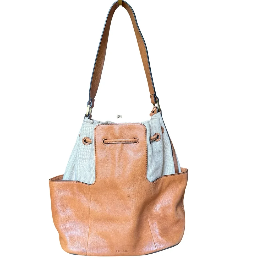 Fossil Leather & Canvas Tan Handbag Shoulder Bag Drawstring Bucket Purse 13x11x6
